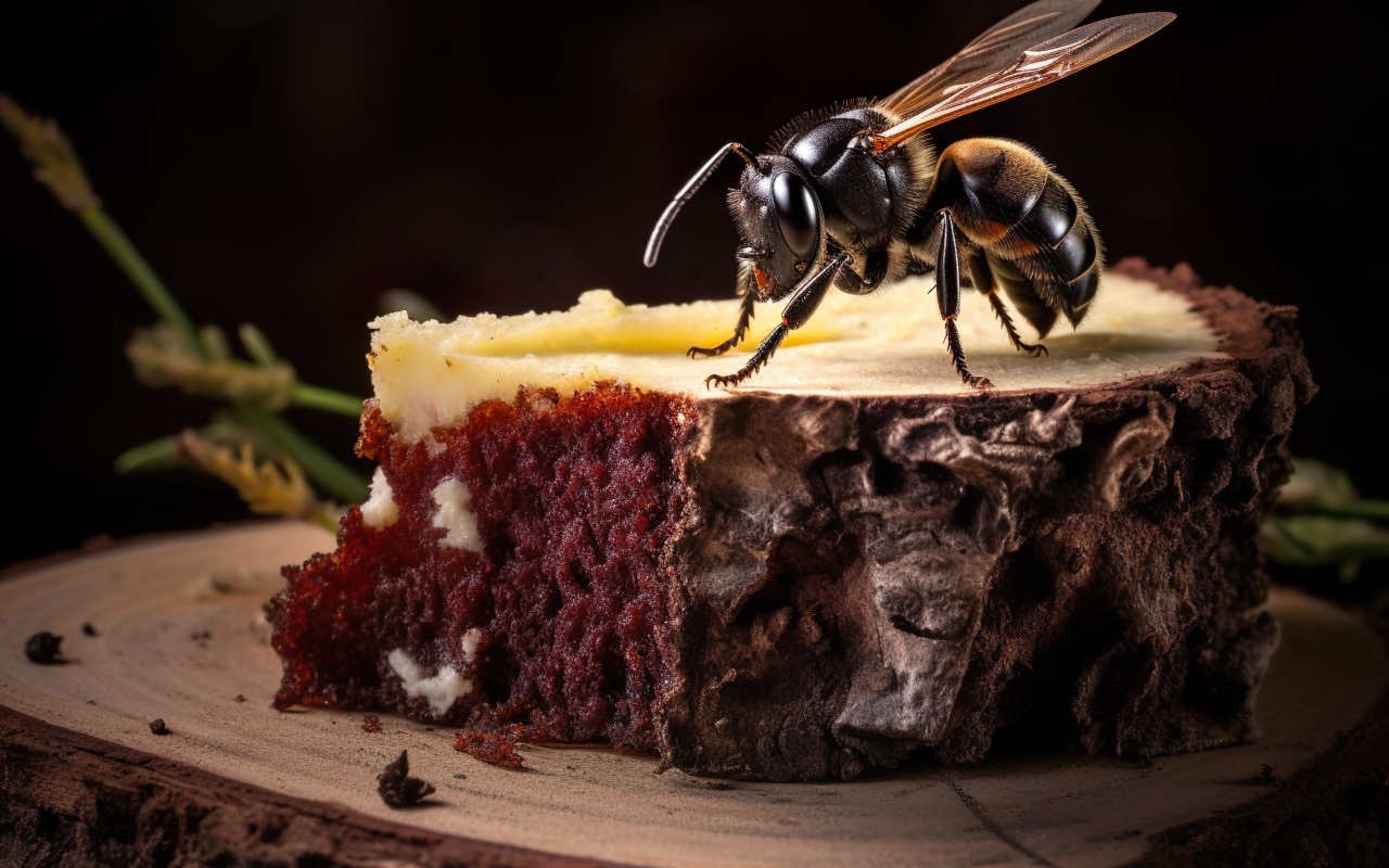 Большой кусок шоколадного торта с пчелой