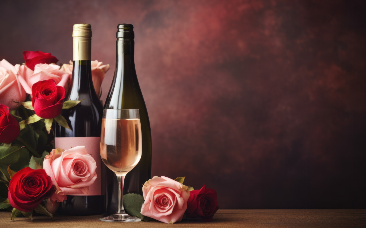 Букет роз на столе с вином