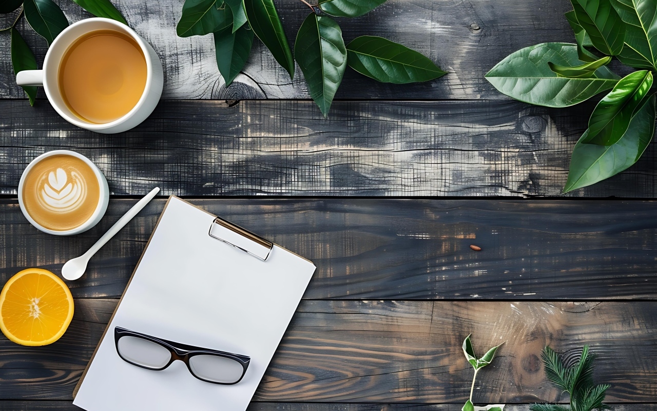 Кофе на столе с блокнотом, очками и зелеными листьями