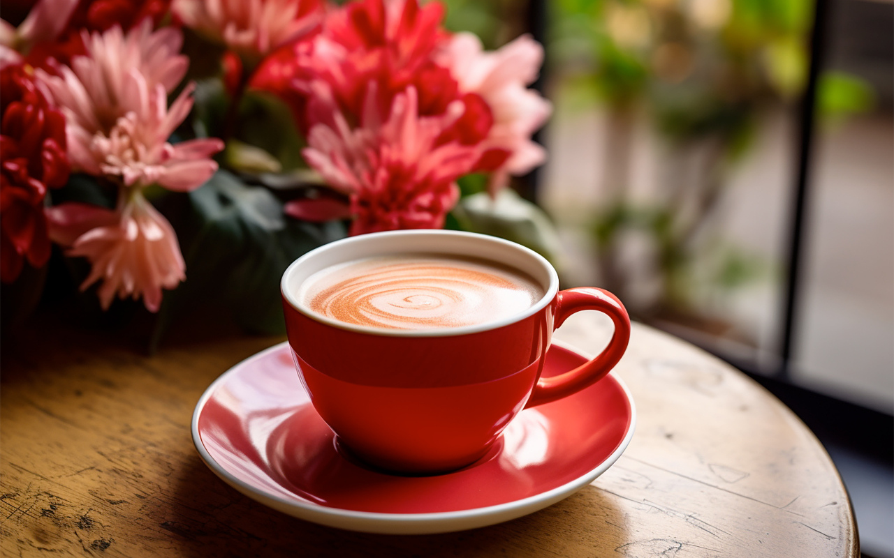 Большая красная чашка кофе на столе с цветами
