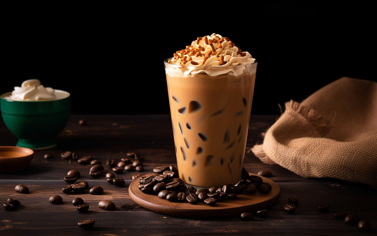 Напиток со взбитыми сливками на столе с кофейными зернами