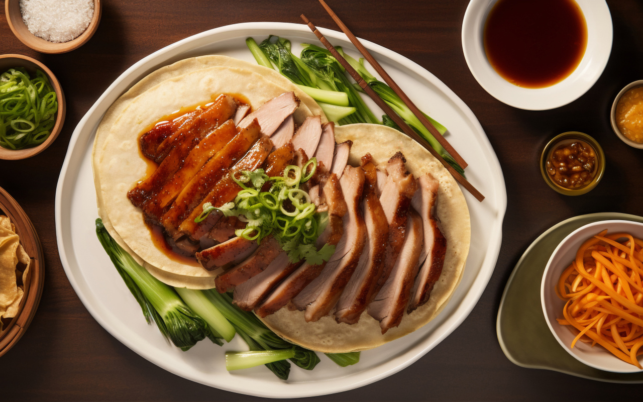 Мясо на тарелке с лепешками и зеленью