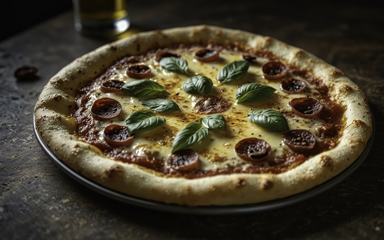 Пицца с колбасой и базиликом на столе