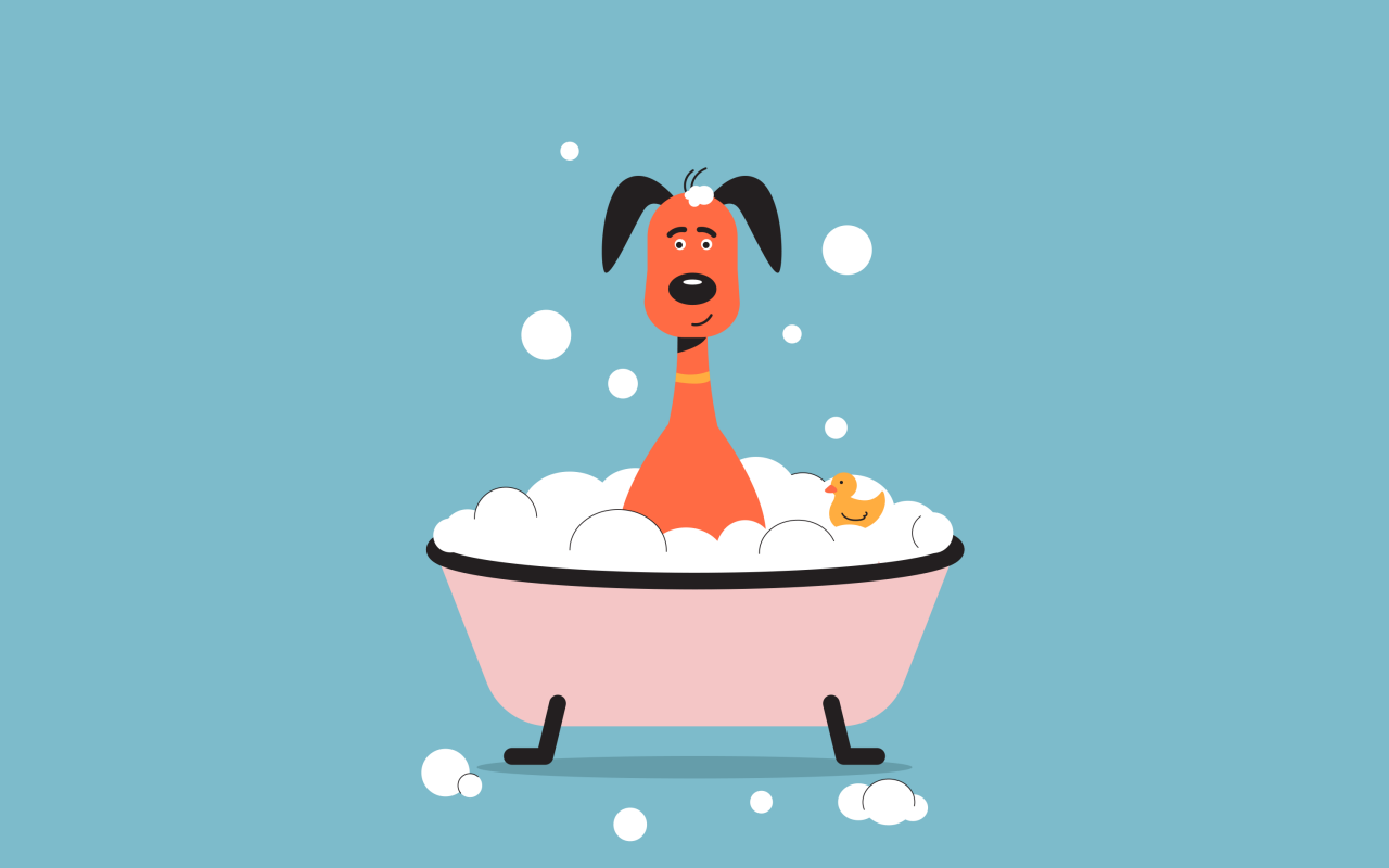 Собака в тазике с пеной на голубом фоне