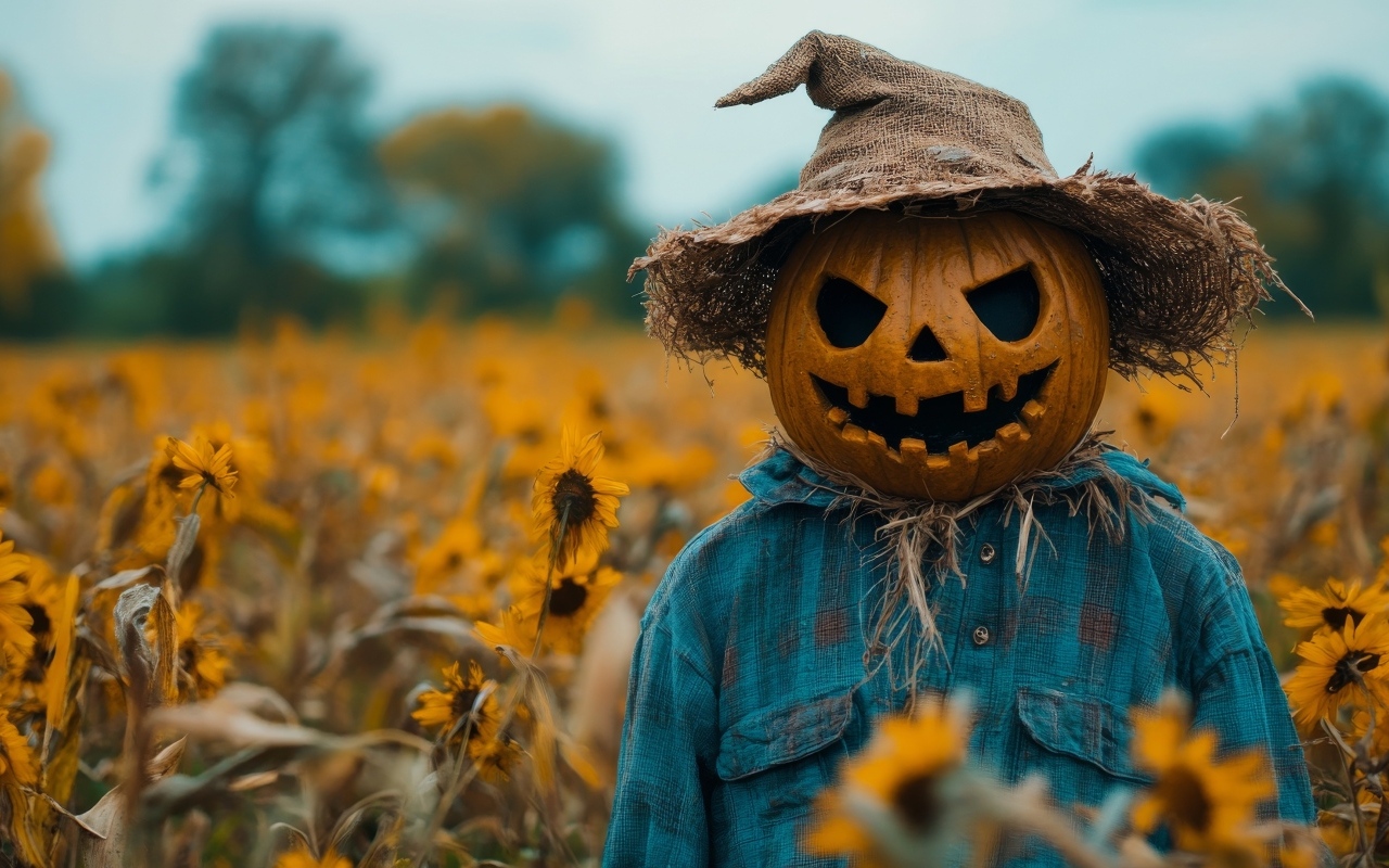 Пугало из тыквы в рубашке на поле