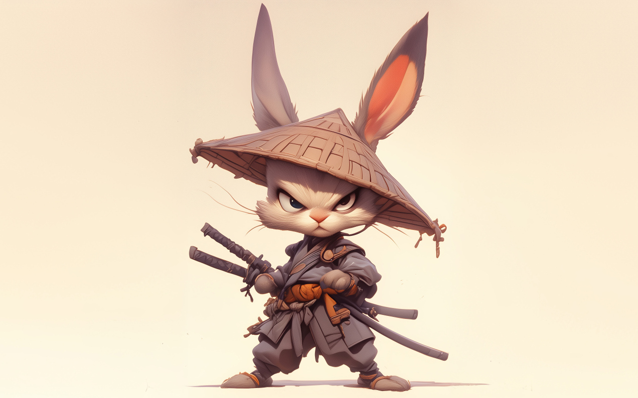 Кролик самурай с двумя катанами на светлом фоне в соломенной шляпе