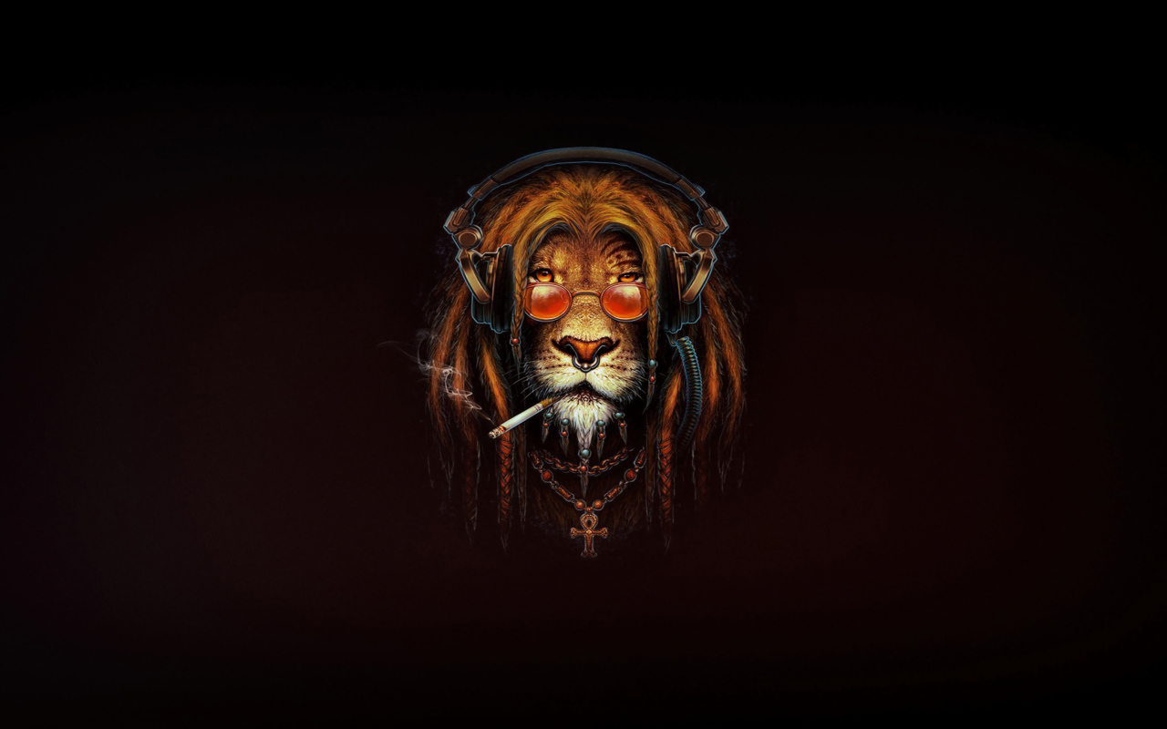 Лев растаман с сигаретой на черном фоне