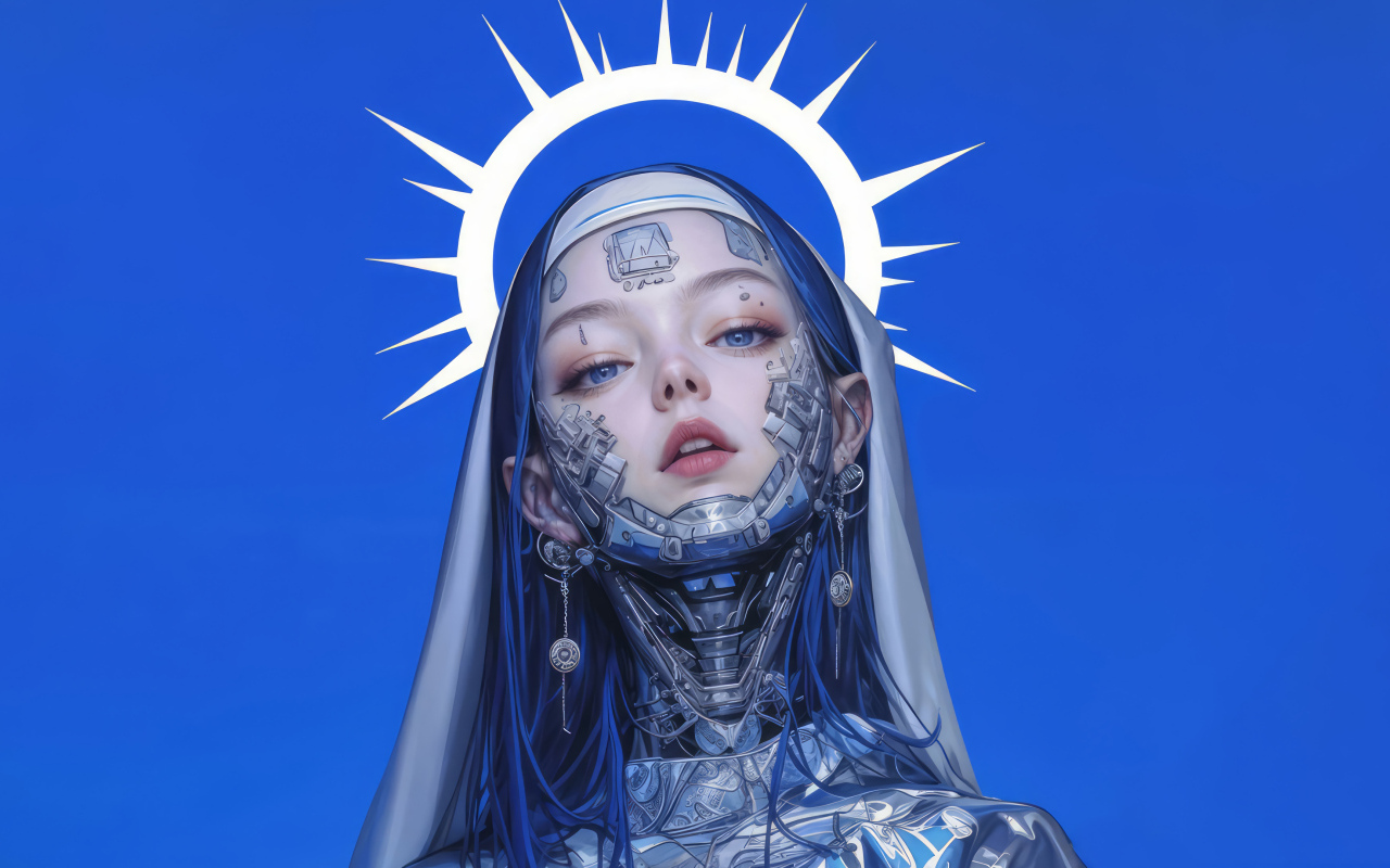 Девушка киборг cyberpunk на синем фоне