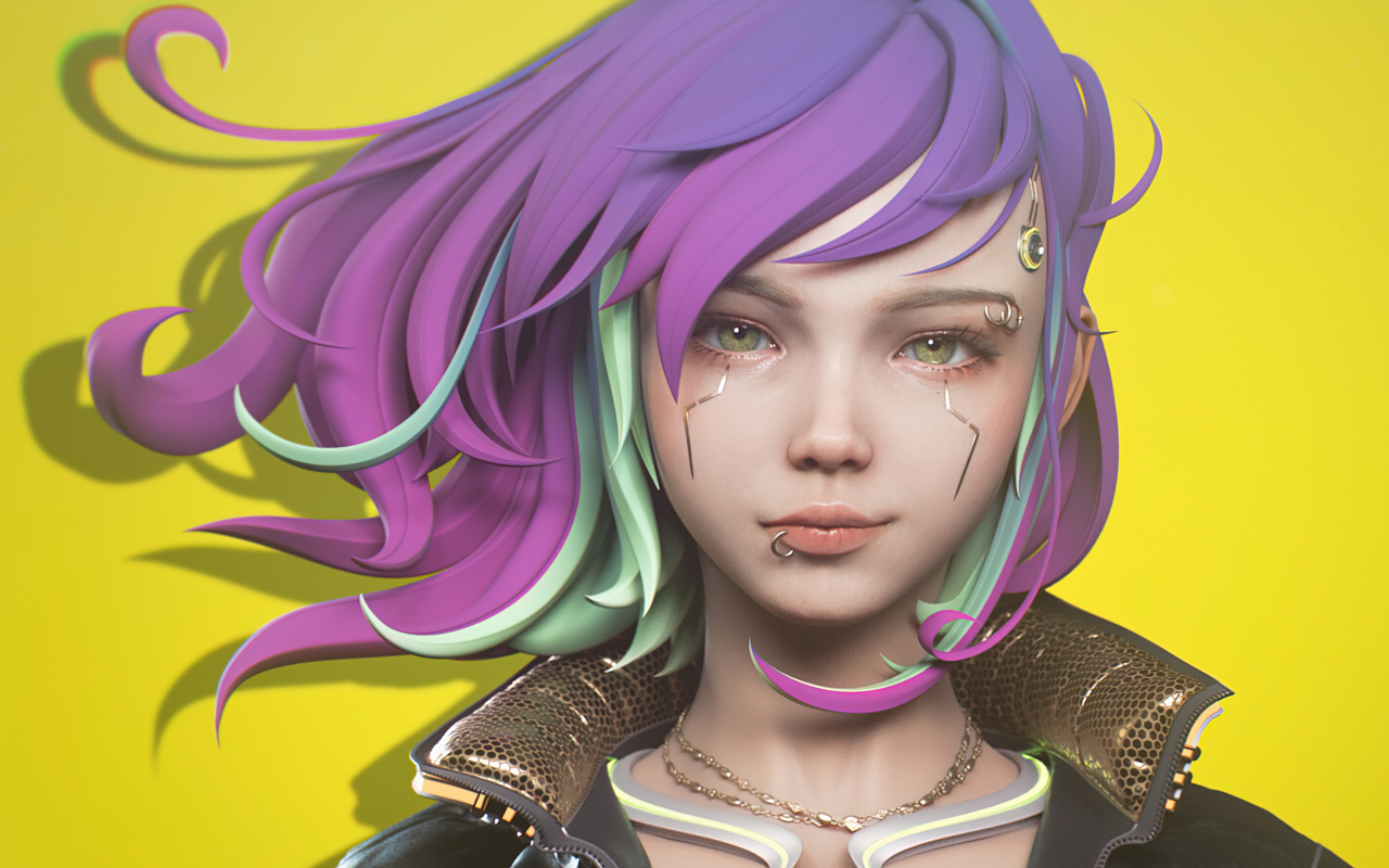 Девушка cyberpunk с сиреневыми волосами