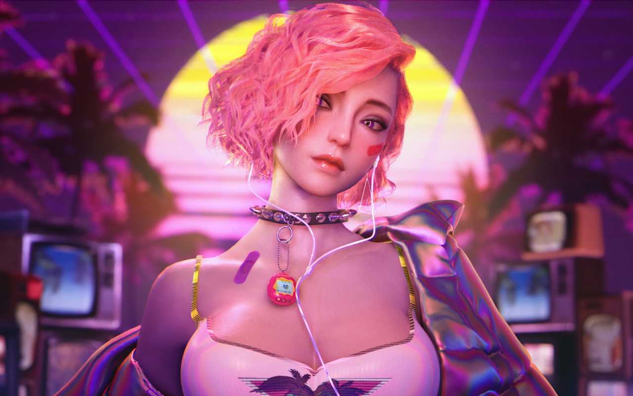 Девушка 3д с розовыми волосами 