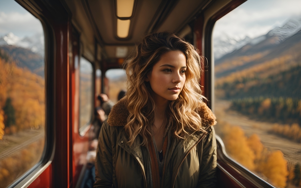 Девушка едет в вагоне поезда