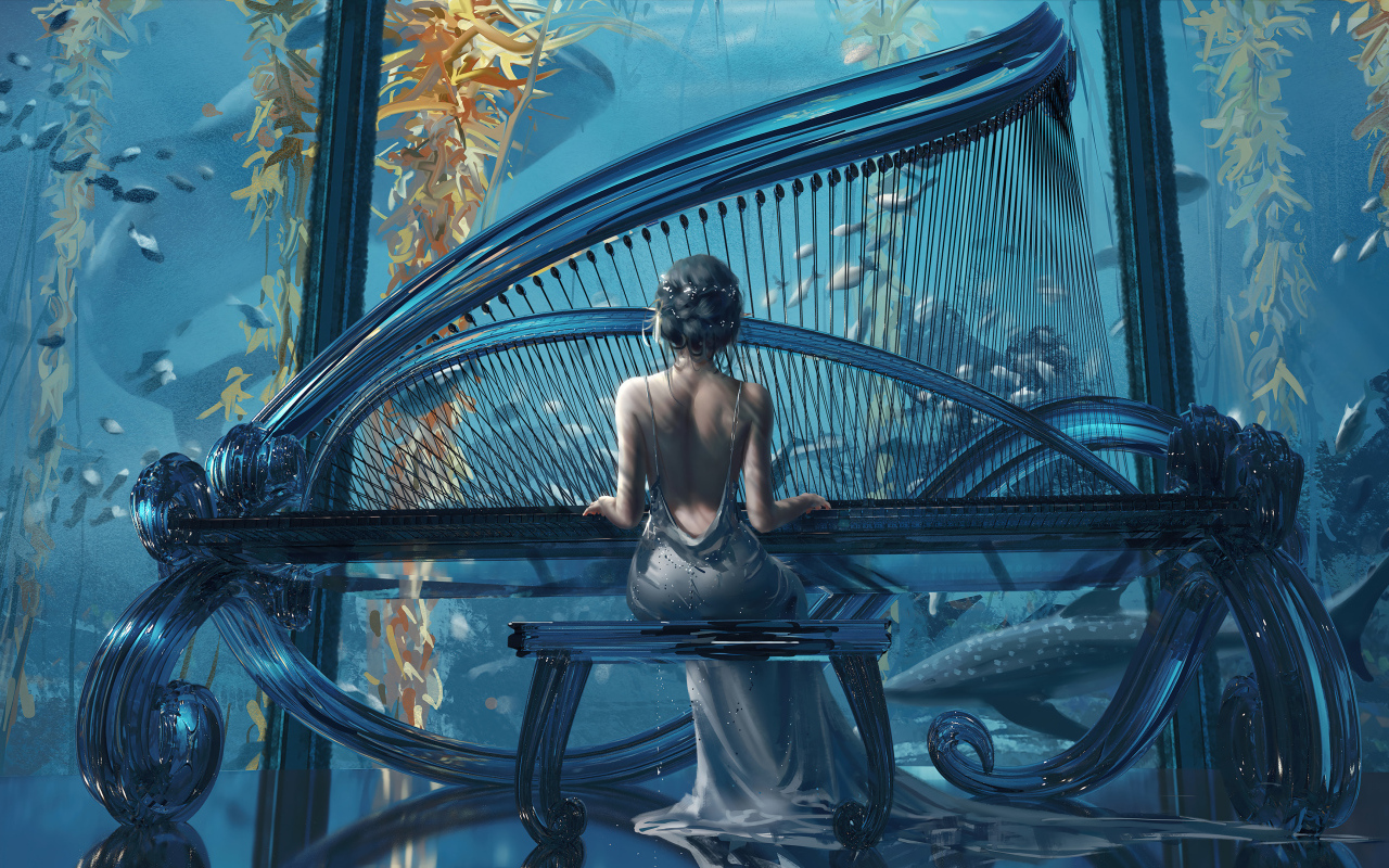 Девушка сидит за большим черным роялем