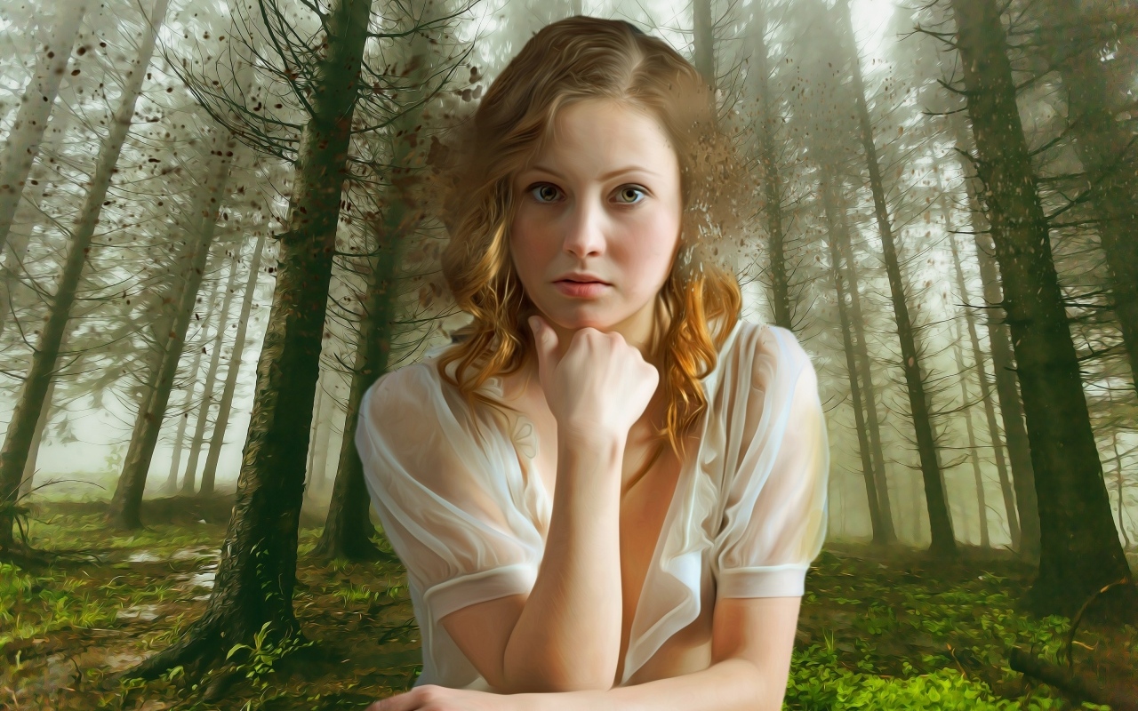 Красивая девушка на фоне нарисованного леса