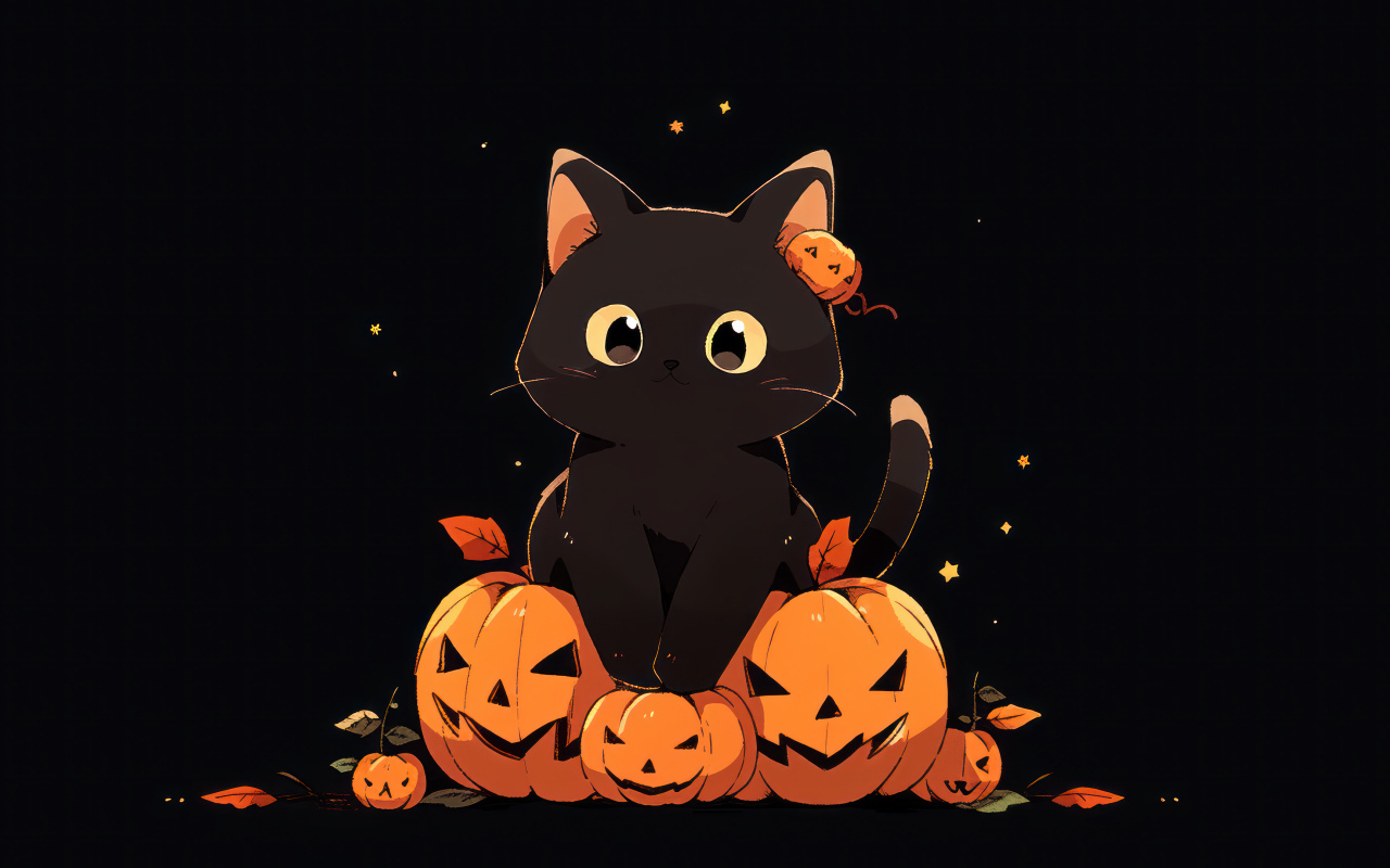 Маленький черный котенок с тыквами на Хэллоуин