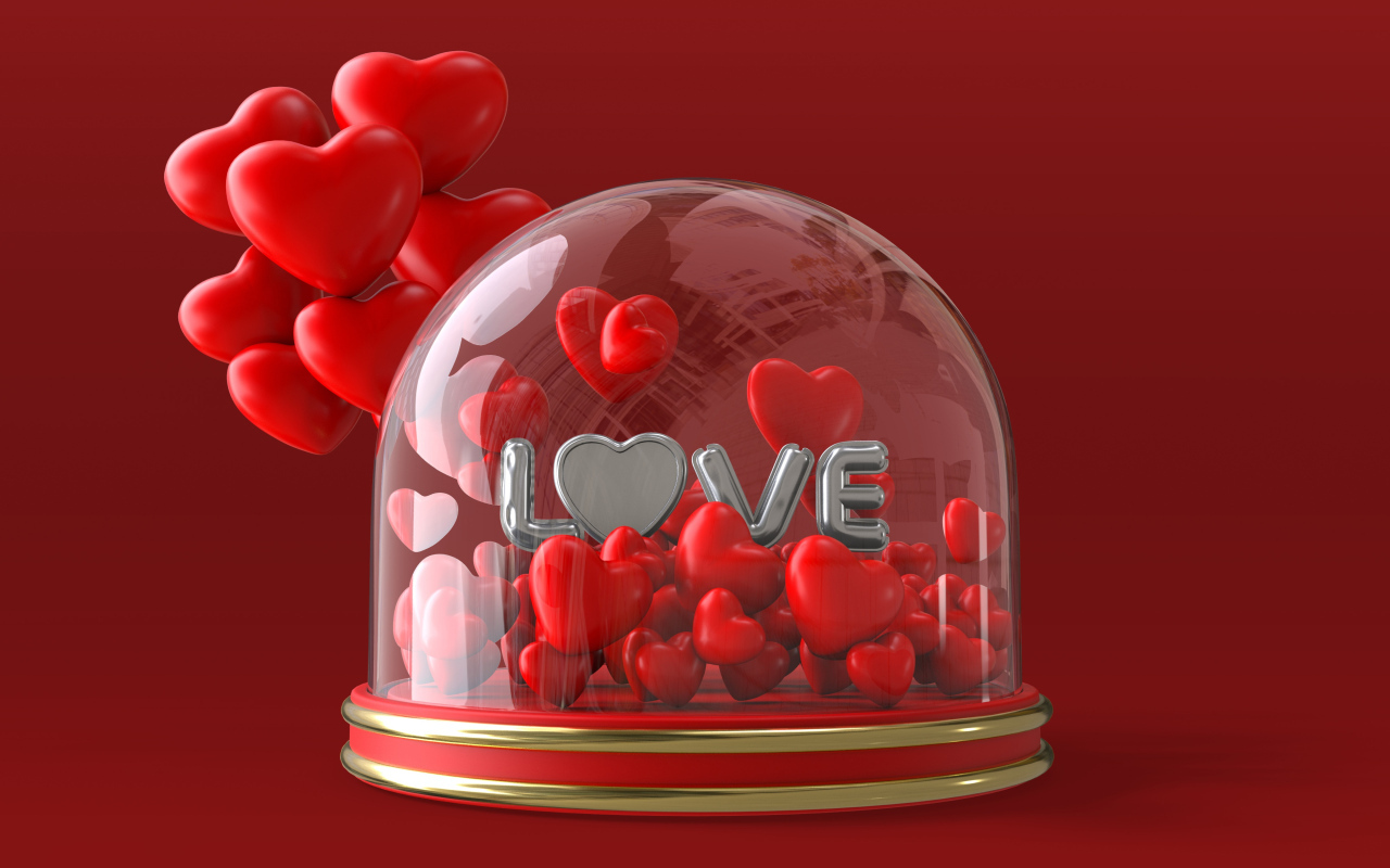 Коробка с красными сердечками на красном фоне