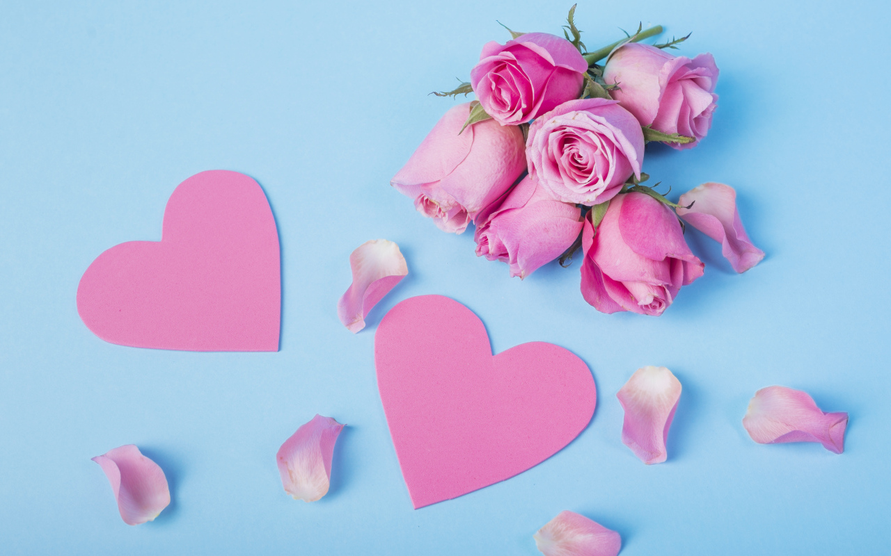 Розовые сердечки и цветы розы на голубом фоне