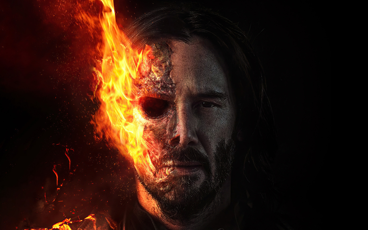 Актер Киану Ривз с горящим лицом