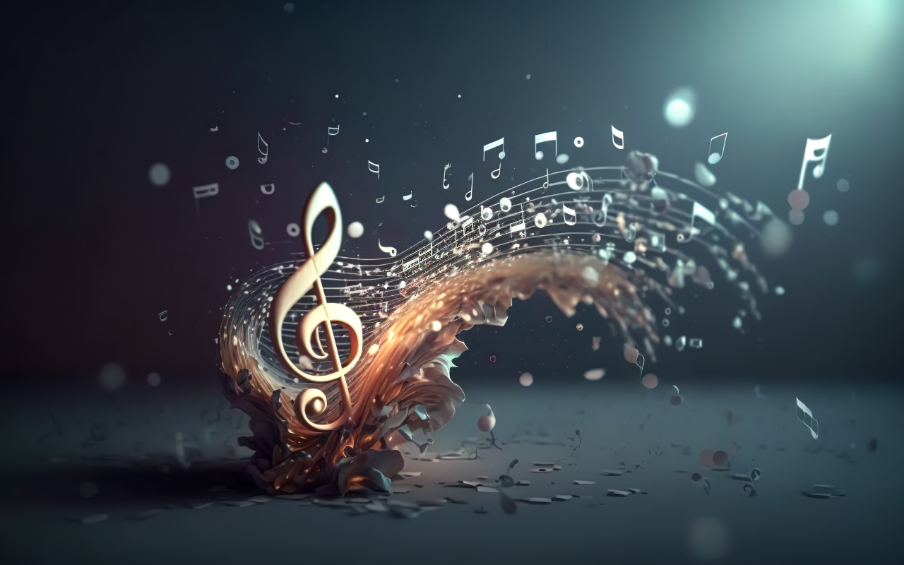 Взрыв нотных знаков на сером фоне