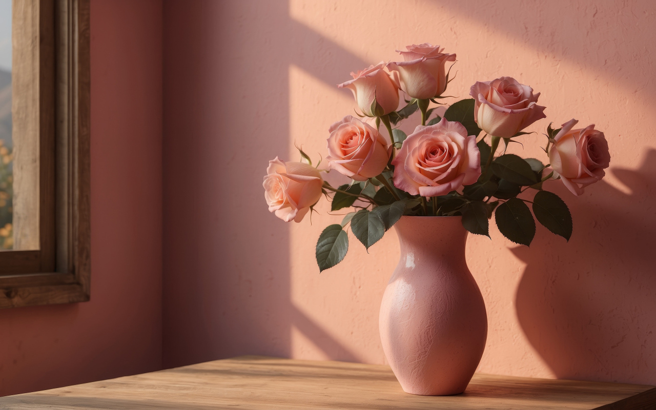 Букет нежных розовых роз в вазе у стены в лучах солнца