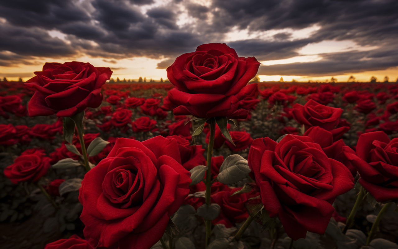 Красивые бордовые розы на поле под грозовым небом