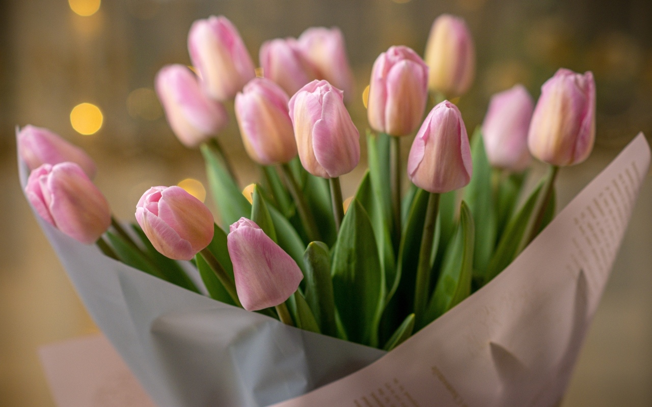 Букет розовых тюльпанов в бумажной упаковке в вазе
