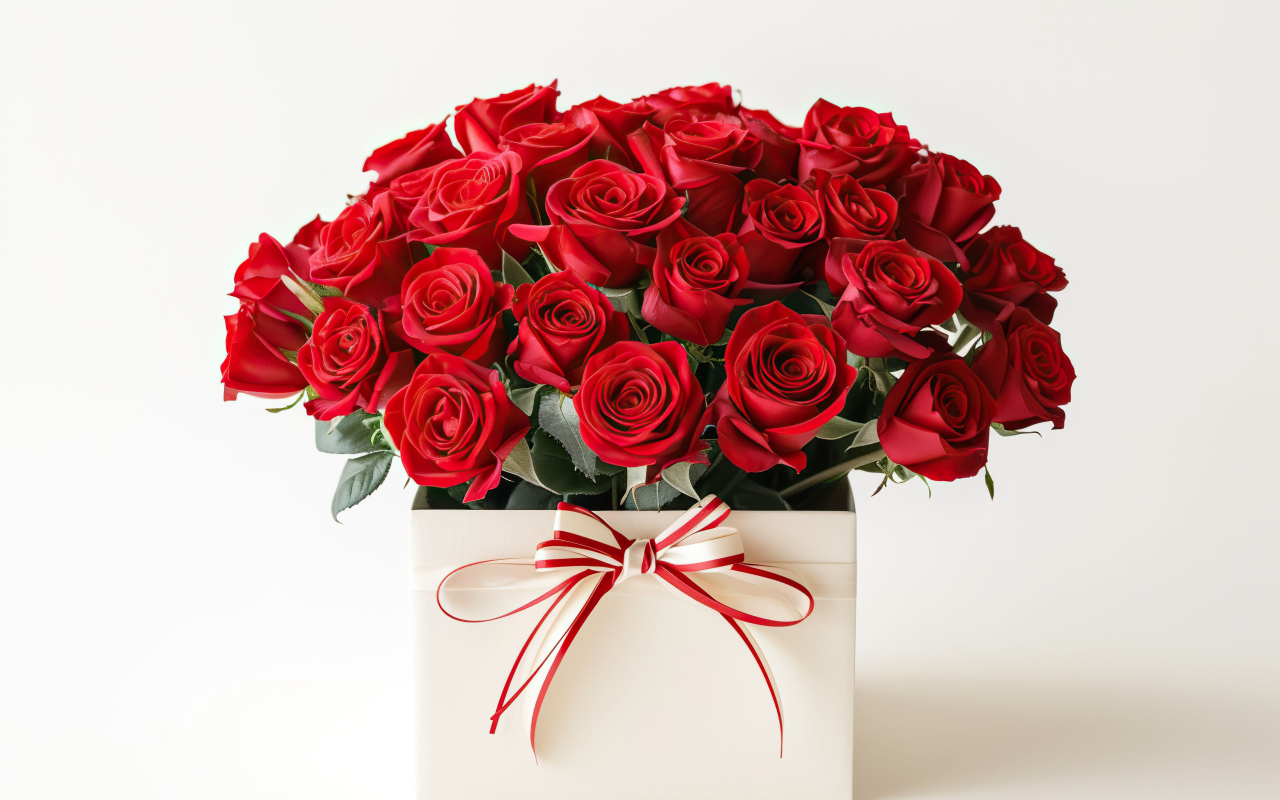 Букет красных роз в коробке на белом фоне