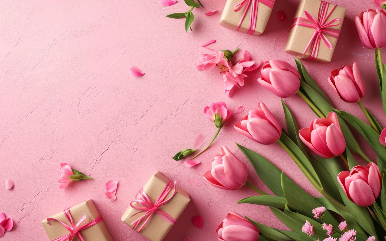 Букет тюльпанов с подарками на розовом фоне
