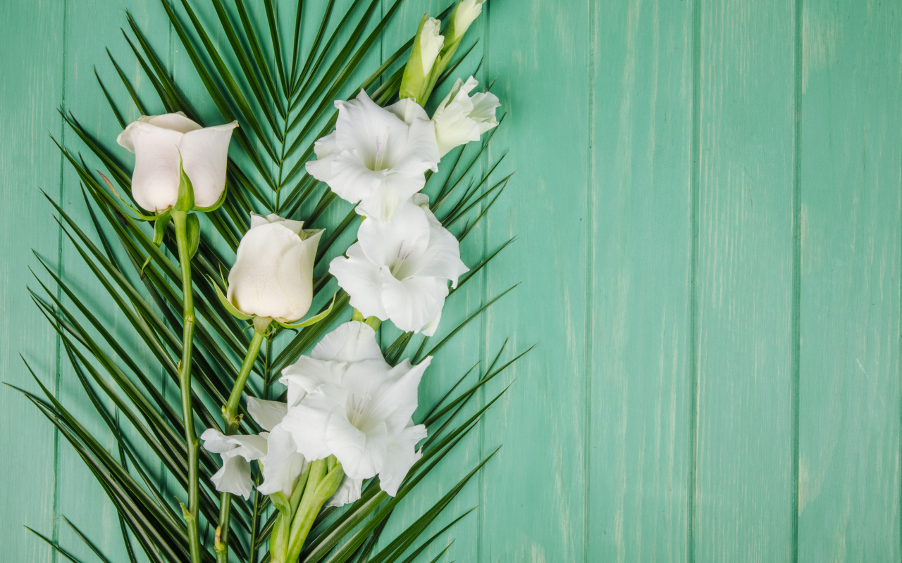 Нежные белые гладиолусы с розой на зеленом фоне