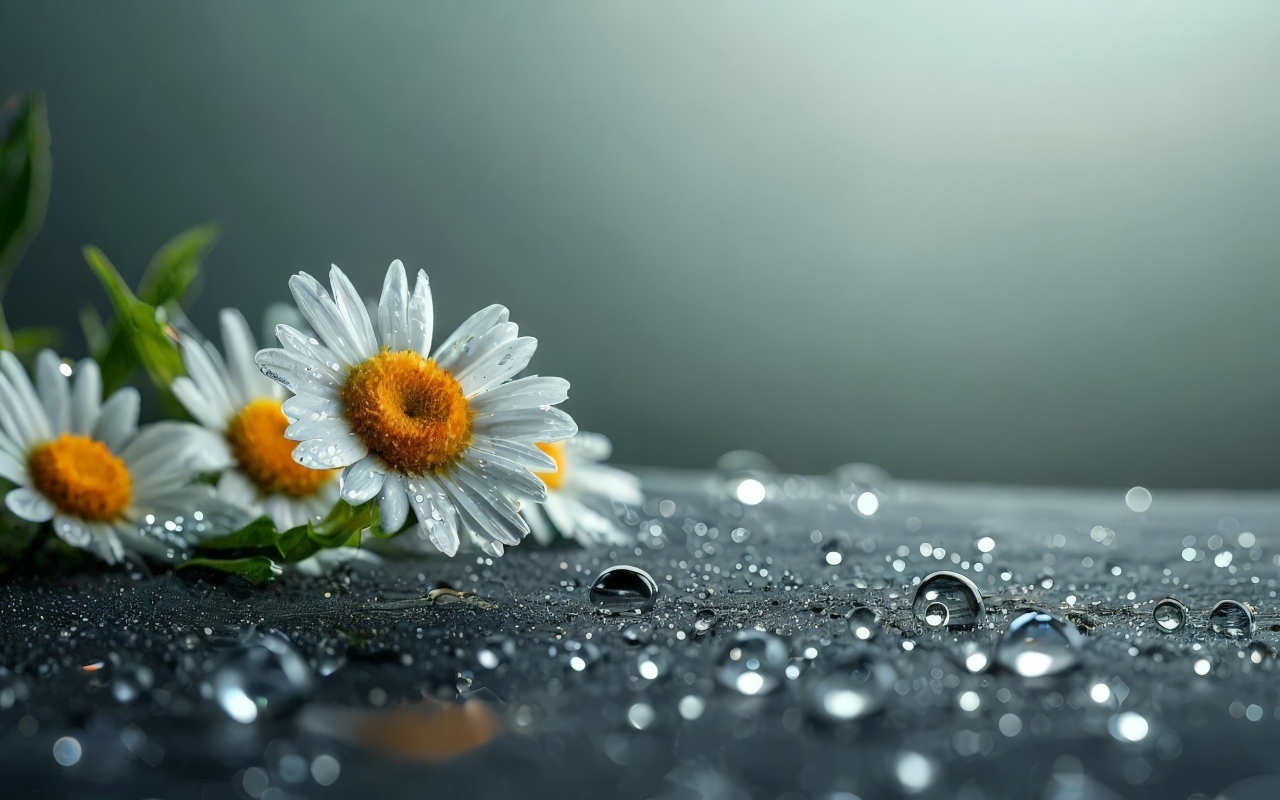 Несколько ромашек лежат на поверхности, покрытой каплями воды