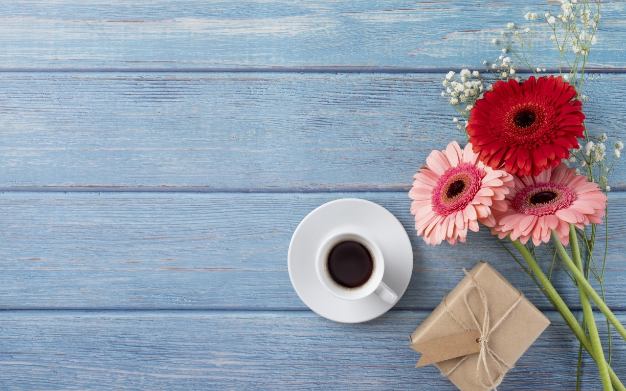Три герберы с чашкой кофе и подарком на синем столе