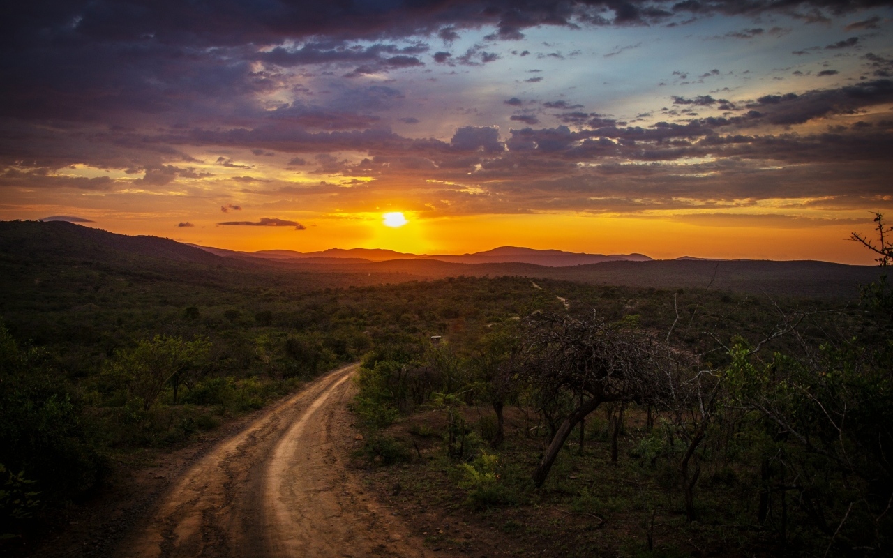 Красивый закат яркого летнего солнца над дорогой