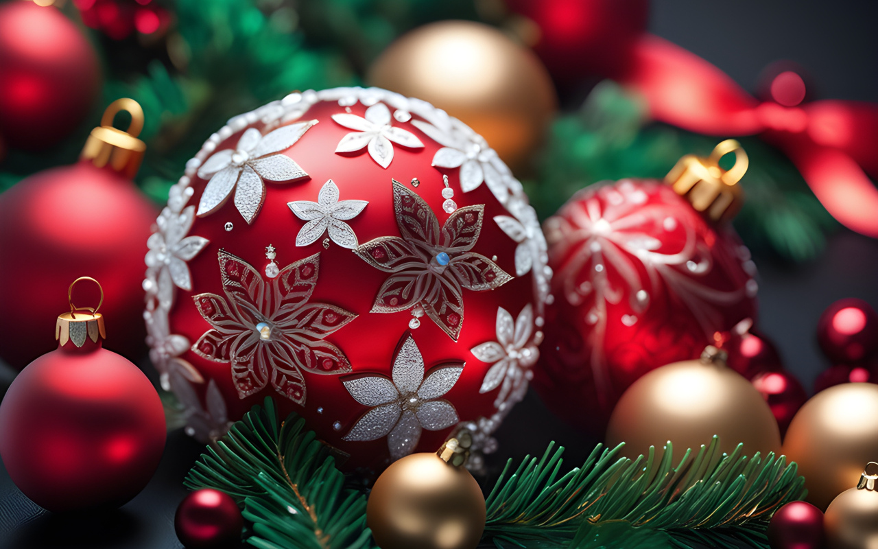 Красивый красный шар с цветами на елку