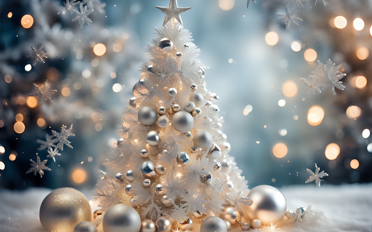 Красивая белая елка с шариками