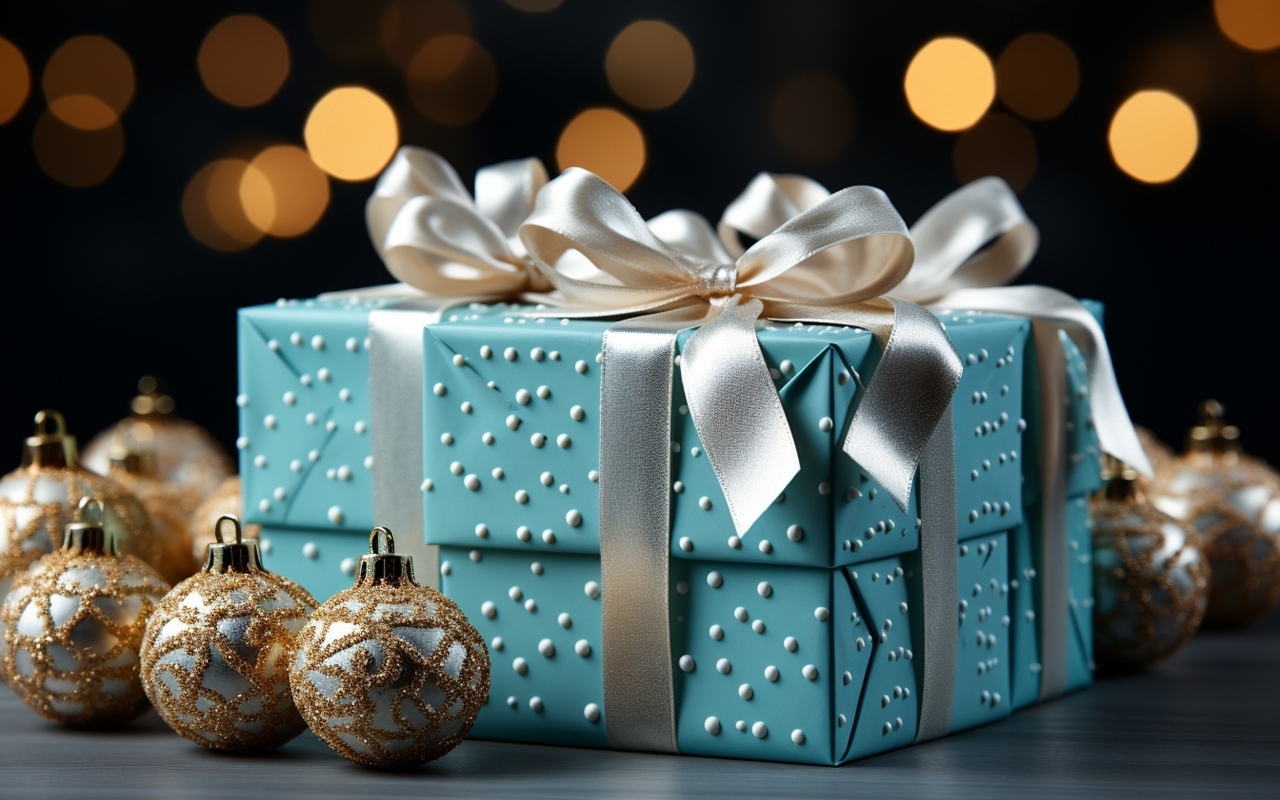 Коробка с подарком и елочными игрушками на Новый год