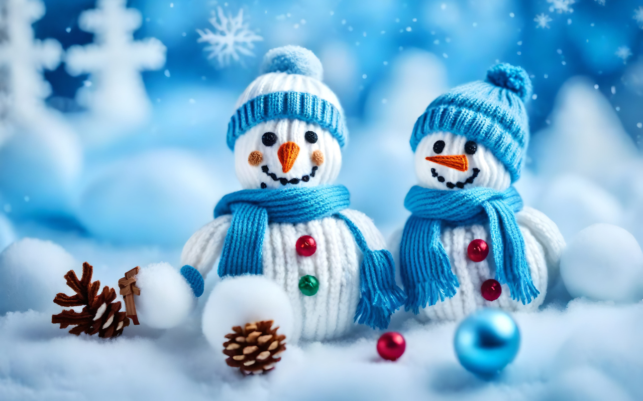 Два снеговика в шапках на снегу с шишками