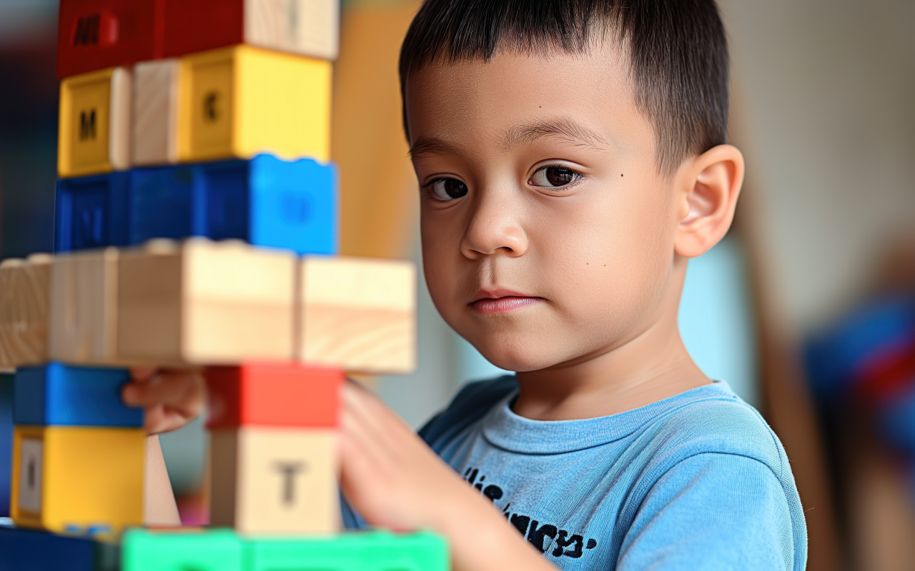 Маленький мальчик играет с кубиками