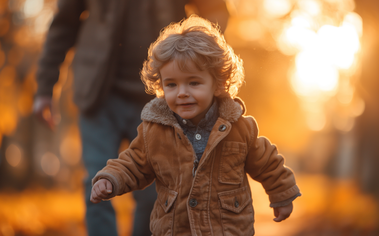 Маленький мальчик гуляет в осеннем парке