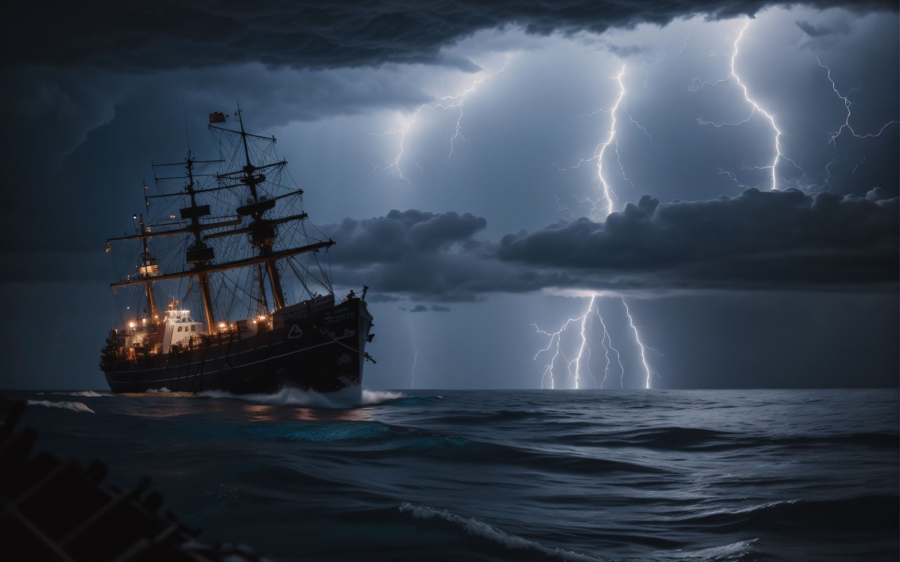 Корабль в бушующем море в шторм на фоне молнии в небе