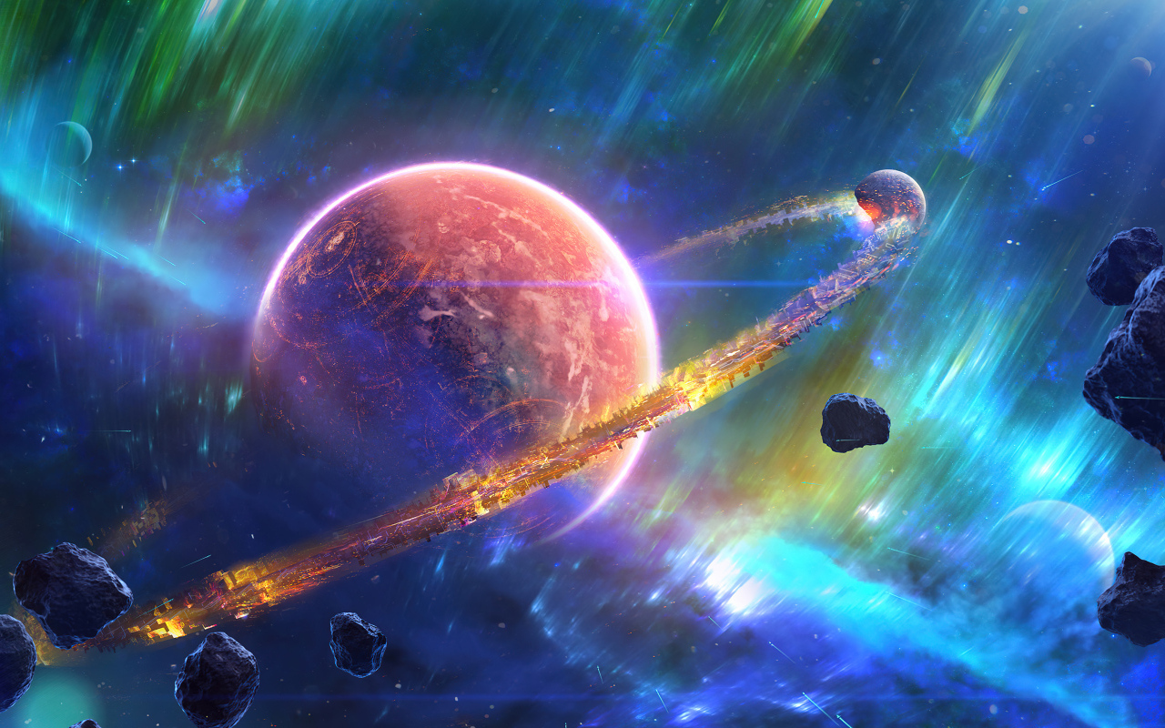 Большая планета с кольцами в космосе с астероидами