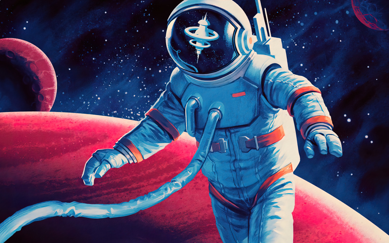 Мужчина астронавт в скафандре на фоне красной планеты