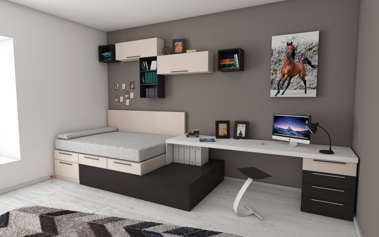 Спальня в серых тонах с картиной на стене