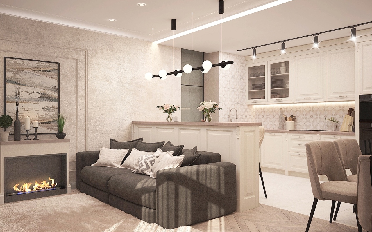 Светлая гостиная с камином и кухней