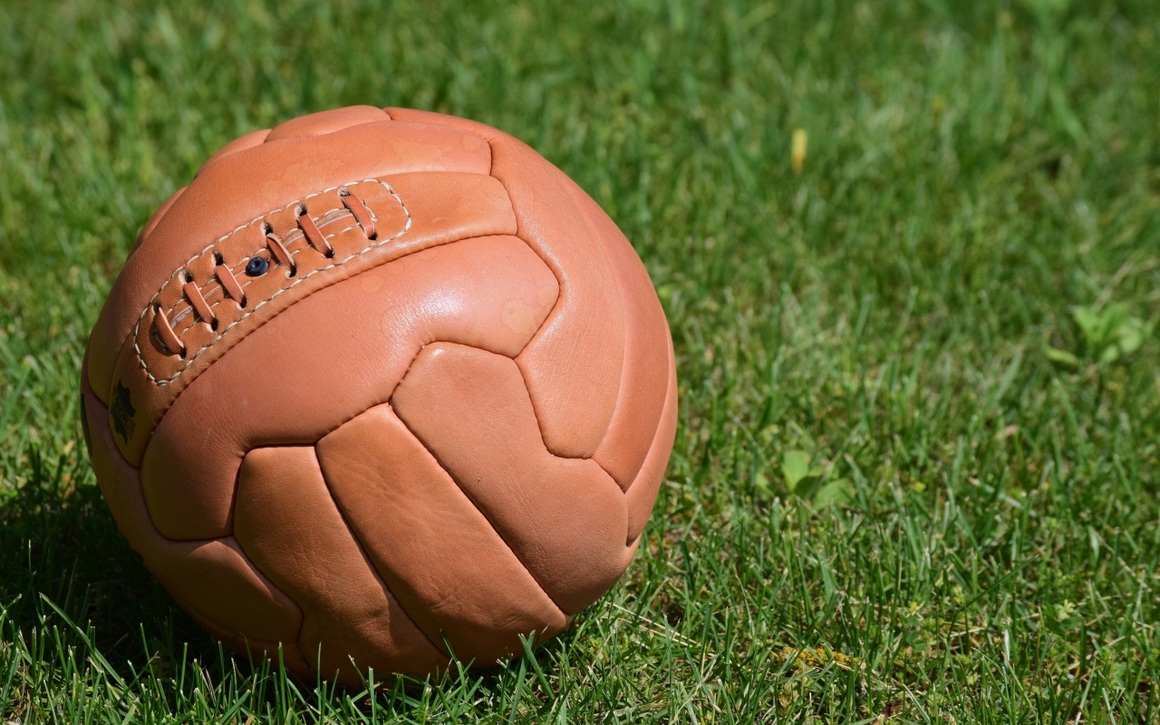Коричневый кожаный мяч на зеленой траве 