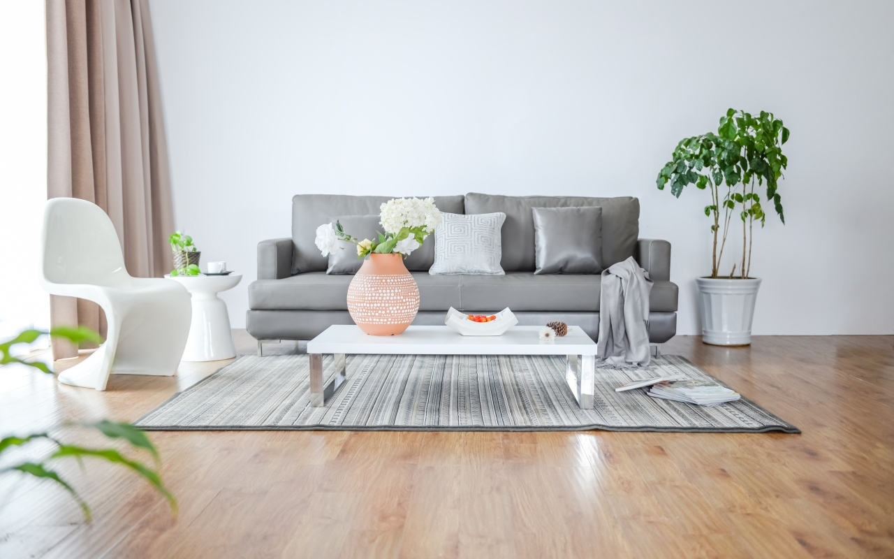 Серый диван в комнате в стиле минимализм