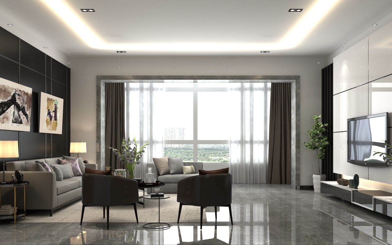 Большое окно в комнате с телевизором и мебелью 