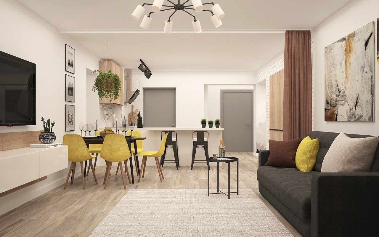 Просторная гостиная совмещена с кухней