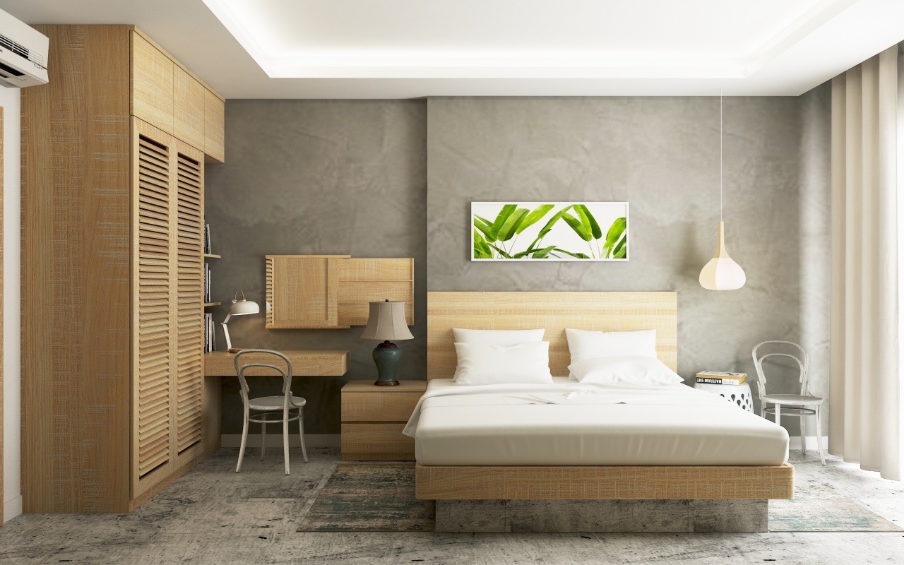 Деревянная мебель в комнате с серыми стенами