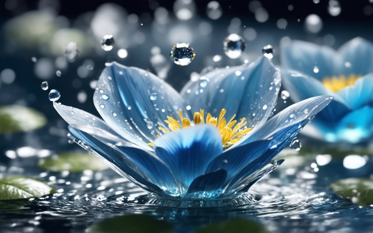 Капли дождя летят на красивый синий цветок