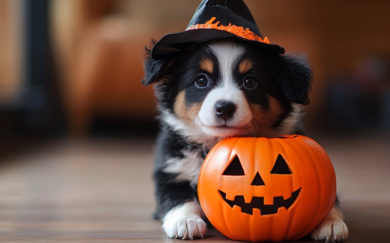 Маленький забавный щенок с тыквой на Хэллоуин 