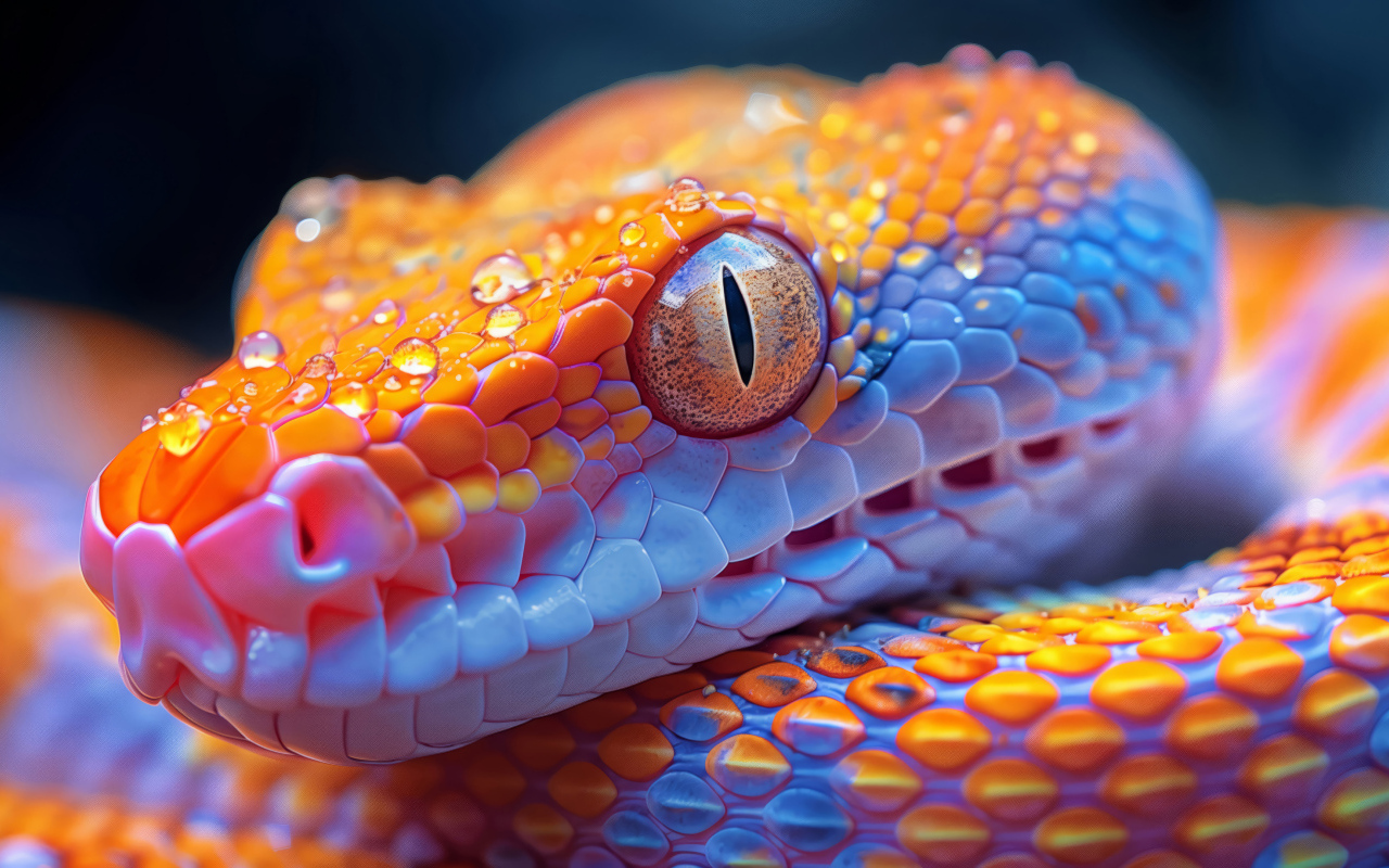 Большая оранжевая змея в каплях воды